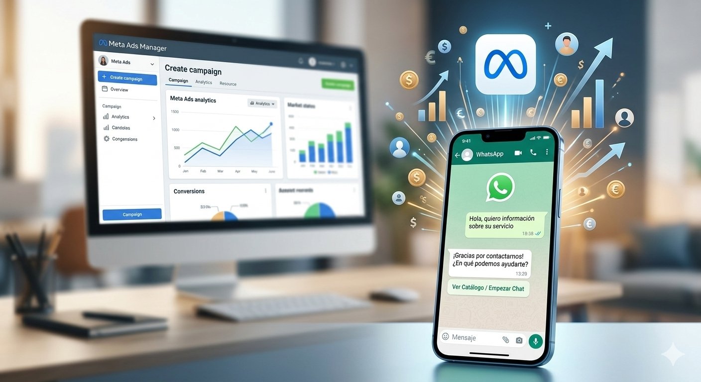 Interfaz de Meta Ads Manager mostrando estadísticas de campañas de anuncios Click to WhatsApp.