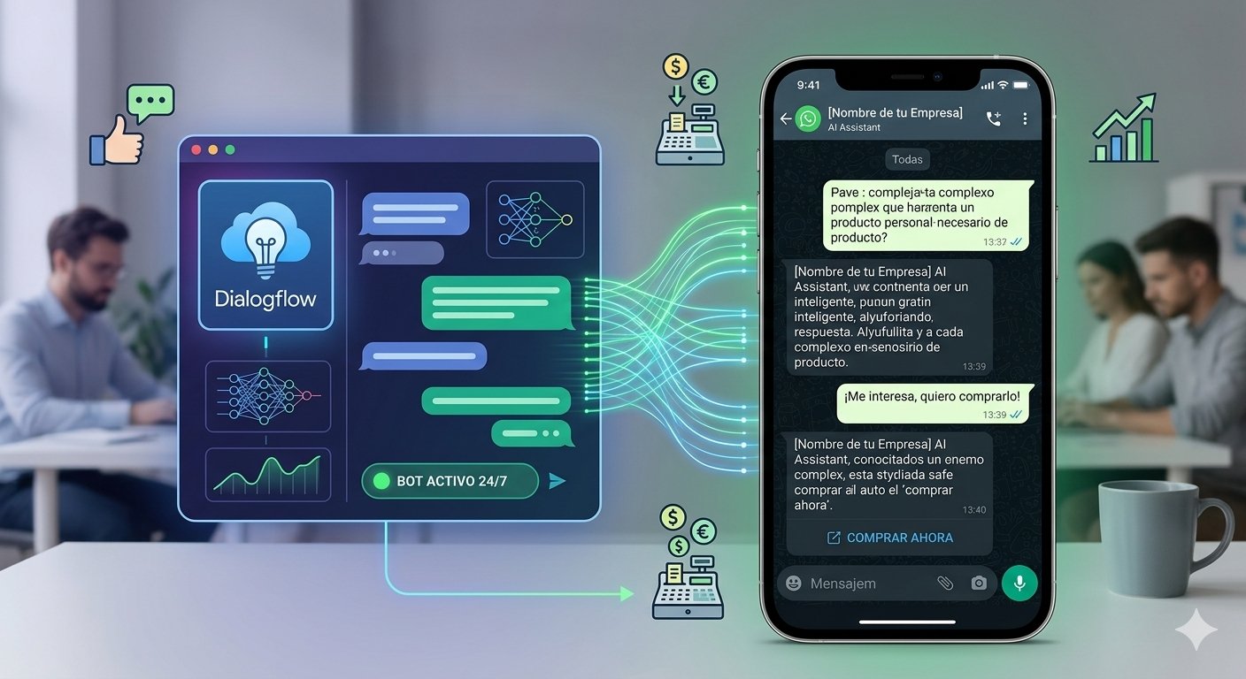 Interfaz de un chatbot inteligente de Dialogflow respondiendo de forma automática consultas y cerrando ventas dentro de WhatsApp Business en una pantalla de smartphone.