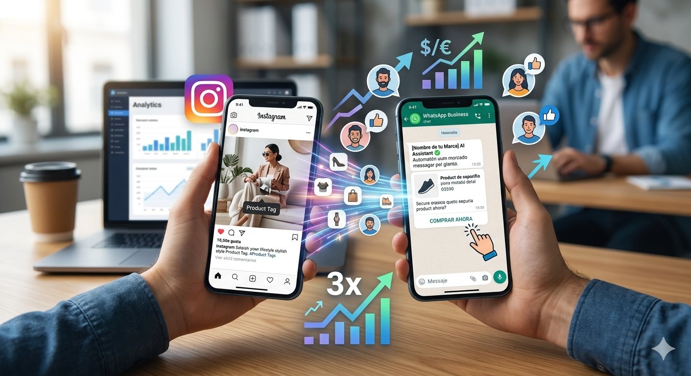 • Un smartphone mostrando el botón de contacto directo a WhatsApp integrado en un perfil comercial de Instagram con gráficos de crecimiento de ventas.