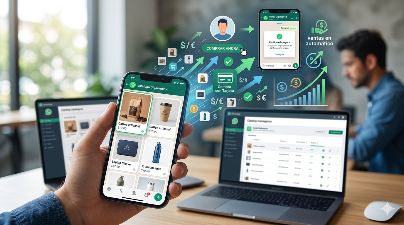 • Un teléfono inteligente que muestra un catálogo de productos en WhatsApp Business con botones de compra y un enlace de pasarela de pago seguro.