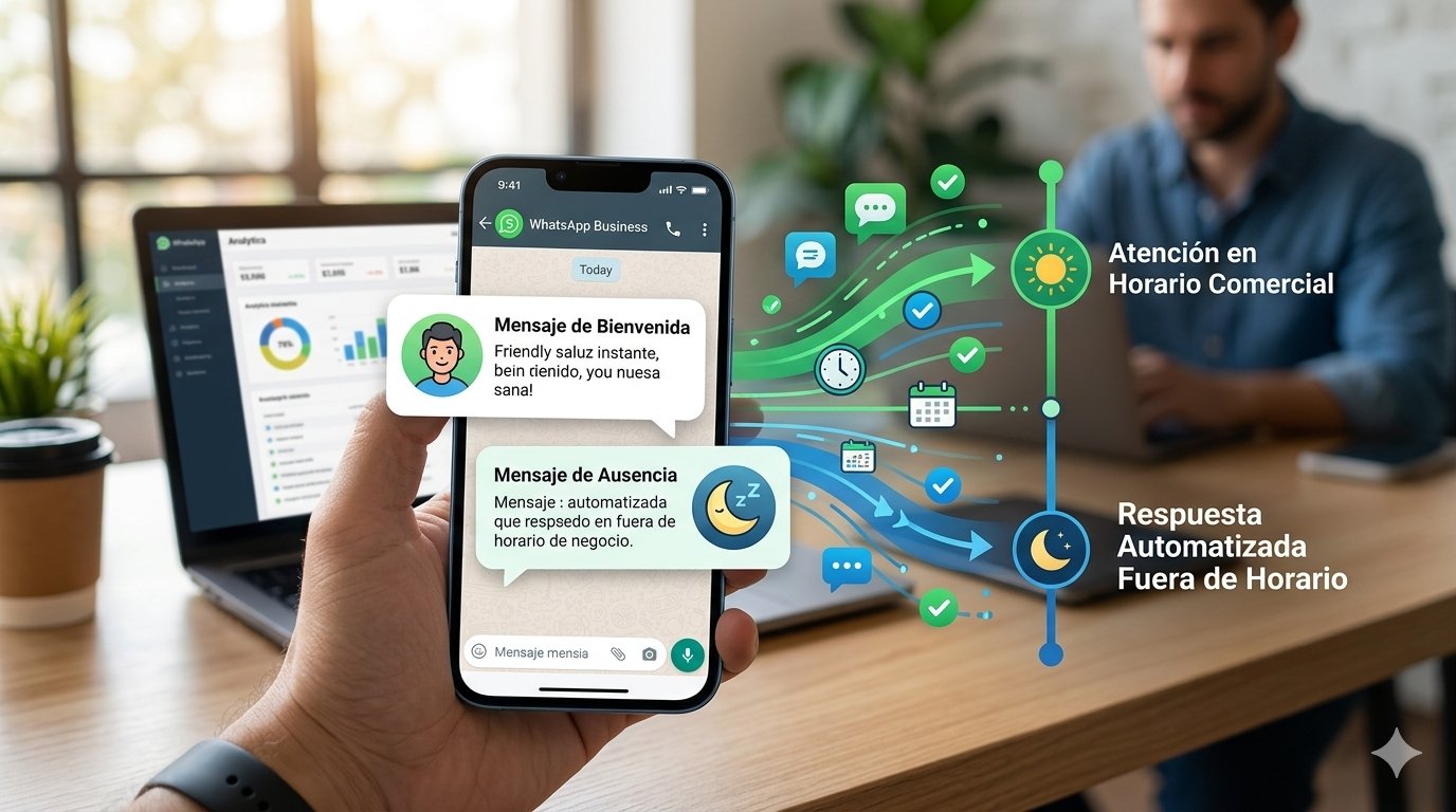 Un smartphone que muestra la pantalla de configuración de mensajes de bienvenida y de ausencia fuera de horario comercial en la aplicación de WhatsApp Business.