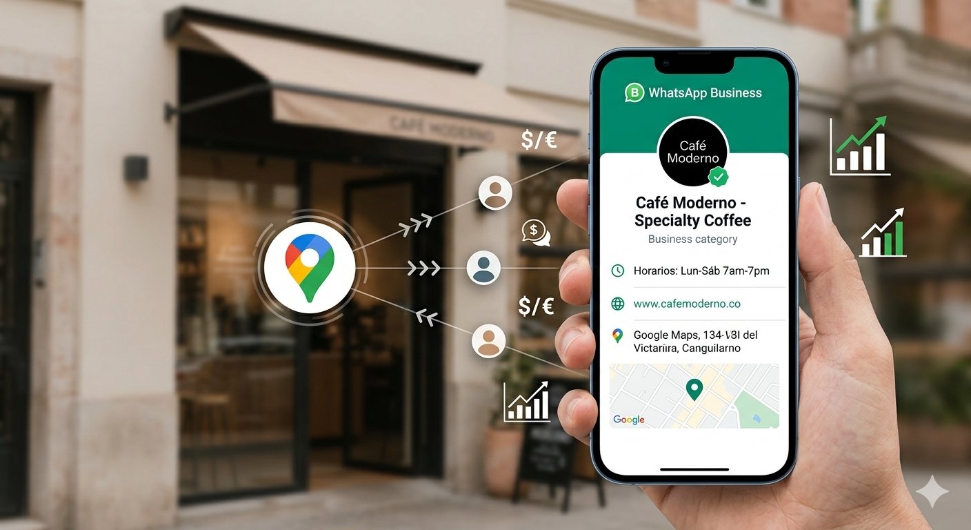 Un smartphone mostrando la sección de perfil de empresa de WhatsApp Business con horarios comerciales, mapa de ubicación de Google Maps y enlace a sitio web.