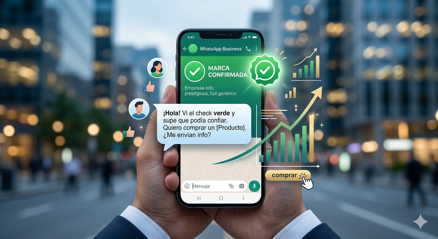 • Un smartphone que muestra la insignia verde de verificación oficial junto al nombre de la marca en la interfaz de chat de WhatsApp Business.