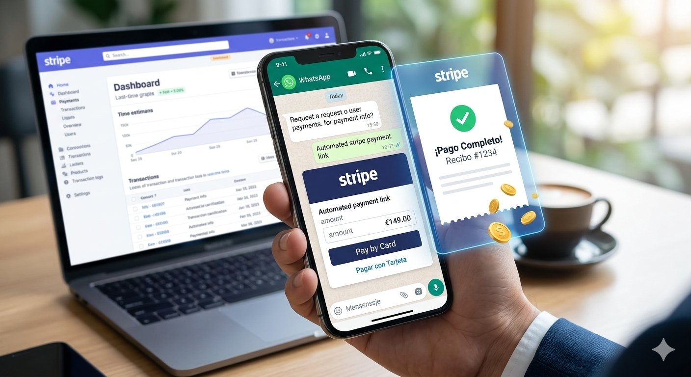 • Un smartphone que muestra un chat de WhatsApp Business con un enlace de pago seguro de Stripe junto a una laptop con el panel de ingresos.