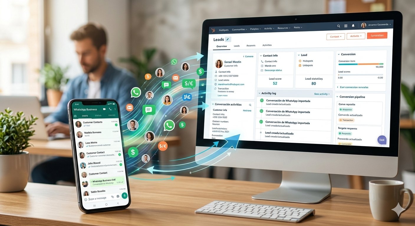 Una pantalla de laptop mostrando el panel de control de HubSpot CRM sincronizando datos de clientes y chats en tiempo real con una aplicación de WhatsApp Business.