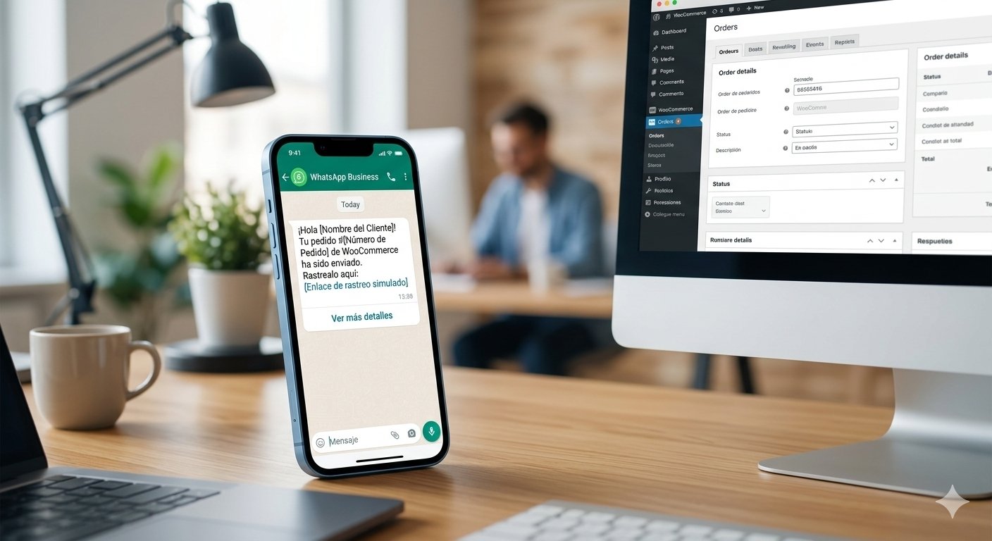 • Pantalla de computadora con el panel de WooCommerce enviando datos de envío a un smartphone con mensajes de rastreo de WhatsApp.