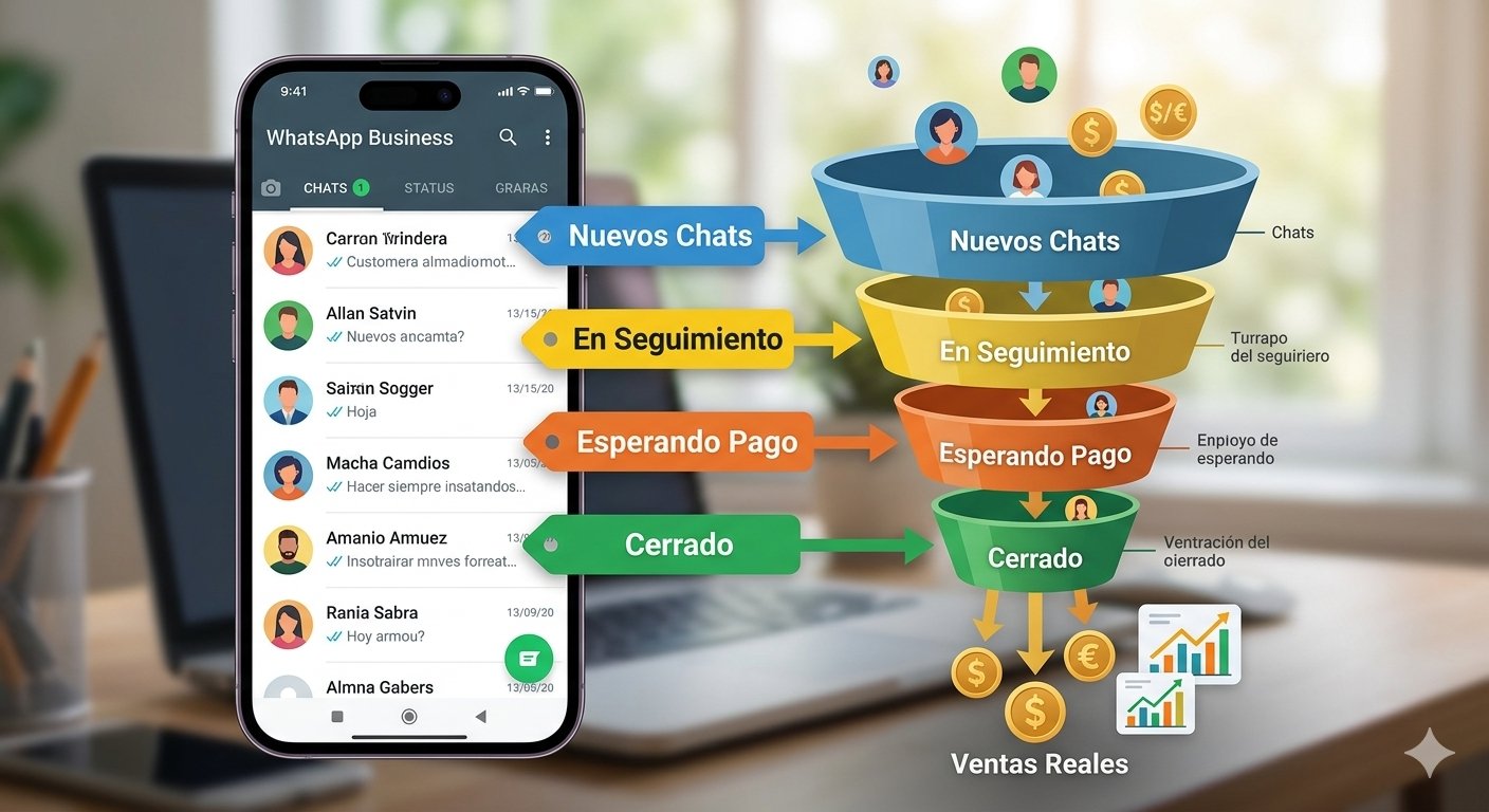 • Un smartphone mostrando la pantalla de chats de WhatsApp Business organizados visualmente mediante el sistema de etiquetas de colores para clasificar las etapas de un embudo de ventas.