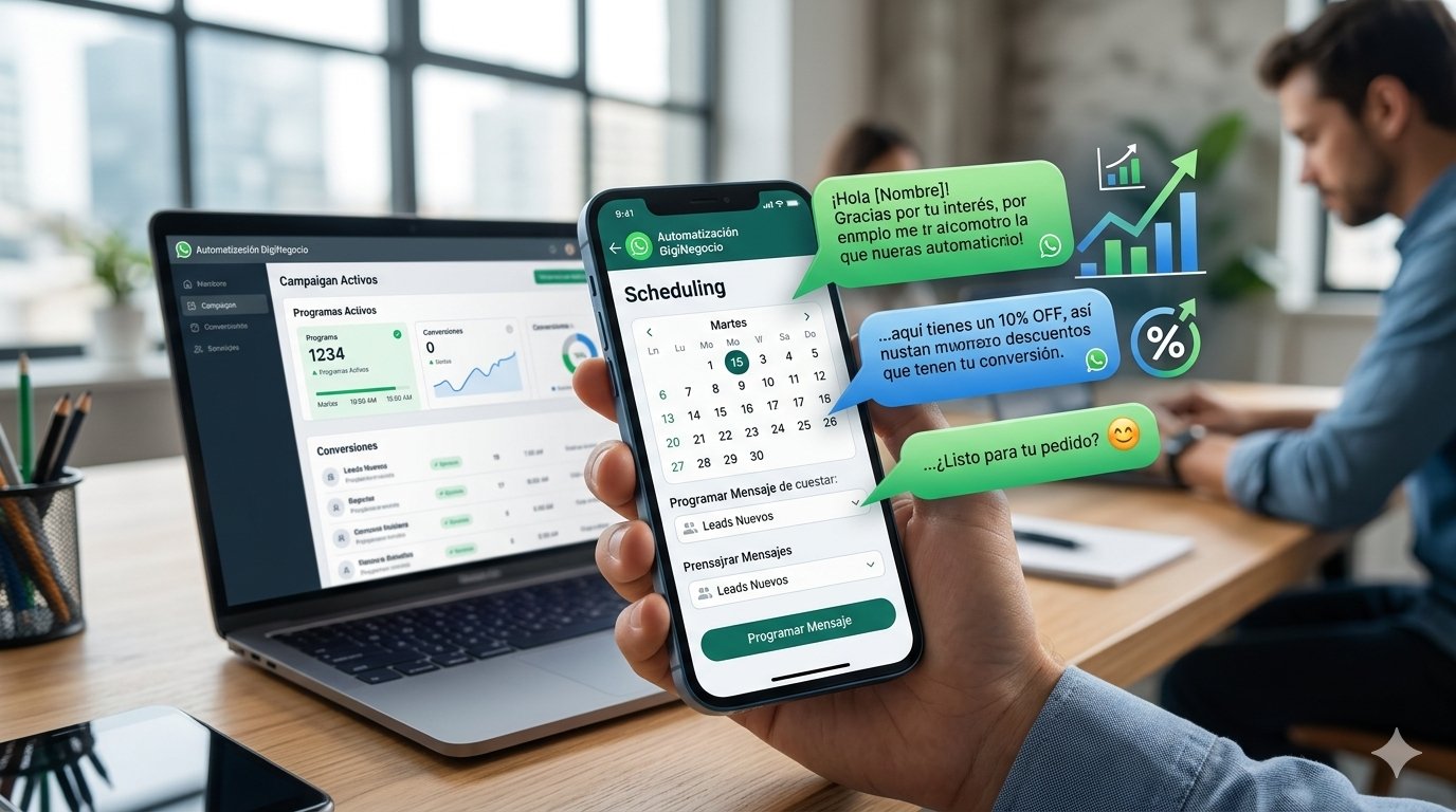 Un teléfono inteligente que muestra la programación de mensajes automatizados cronometrados en la interfaz de WhatsApp Business junto a un calendario digital.