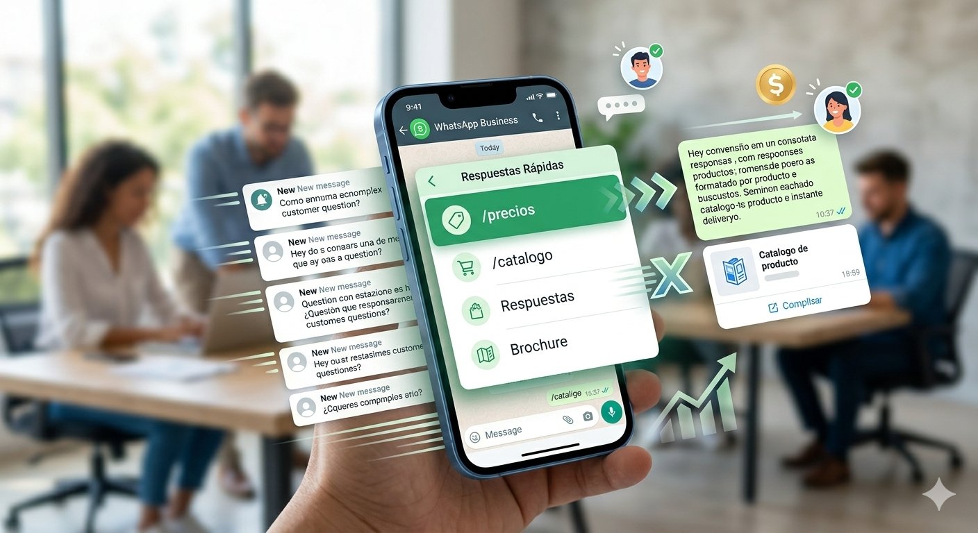 n smartphone en primer plano mostrando el menú de configuración de respuestas rápidas con atajos en la aplicación de WhatsApp Business.