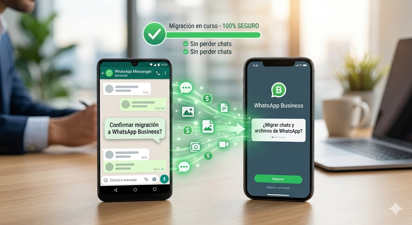 Un teléfono inteligente que muestra el proceso seguro de transferencia de historial de chats desde WhatsApp Personal hacia la aplicación de WhatsApp Business.