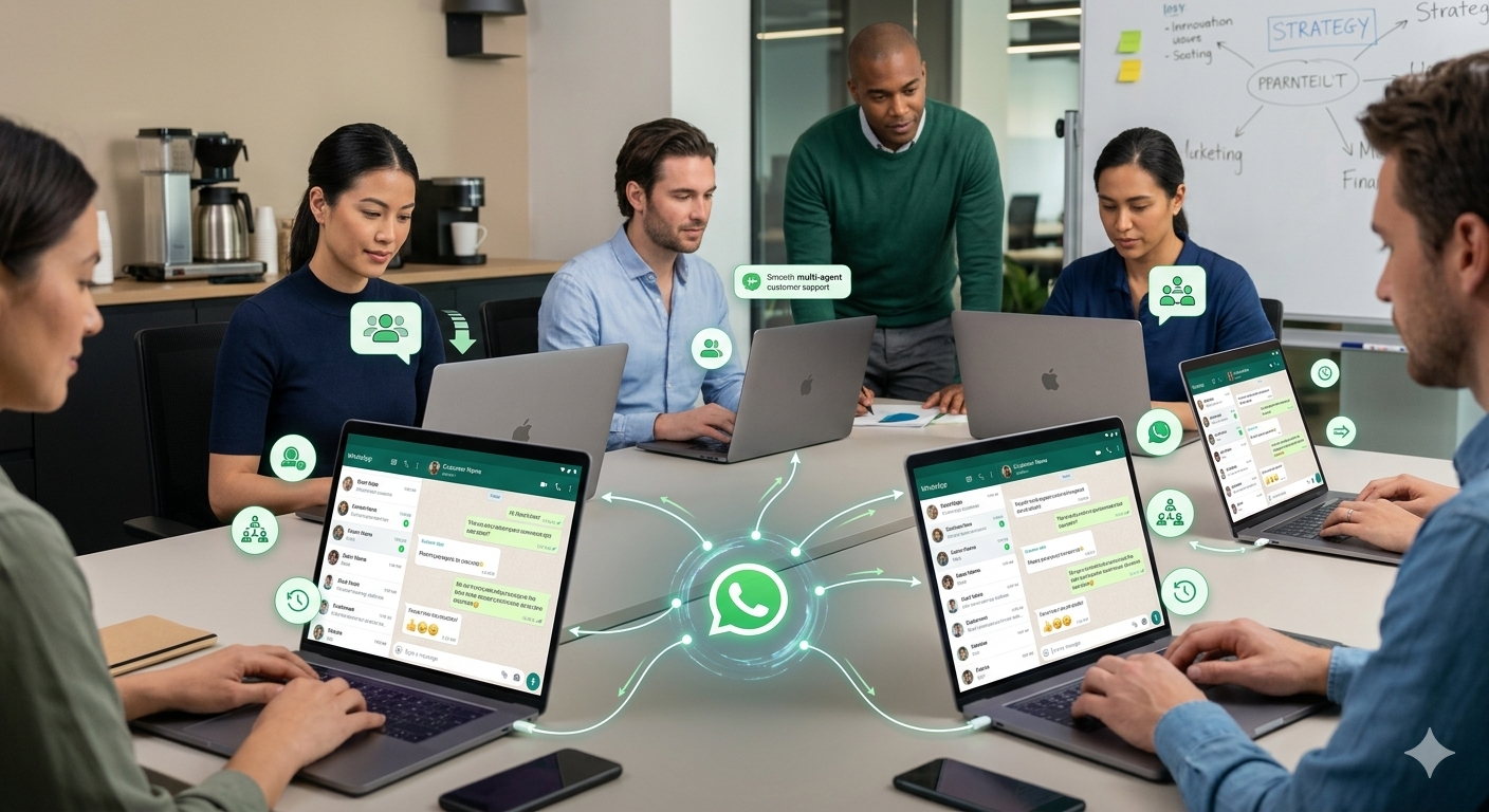 • Un equipo de atención al cliente utilizando múltiples computadoras para responder mensajes de manera simultánea desde una misma cuenta de WhatsApp Business.