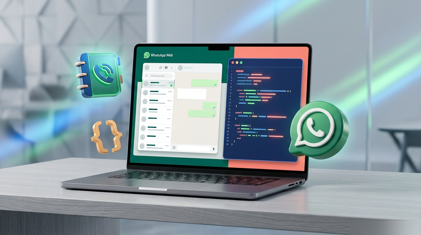 Ilustración 3D de computadora con WhatsApp Web y código para extraer contactos no guardados gratis