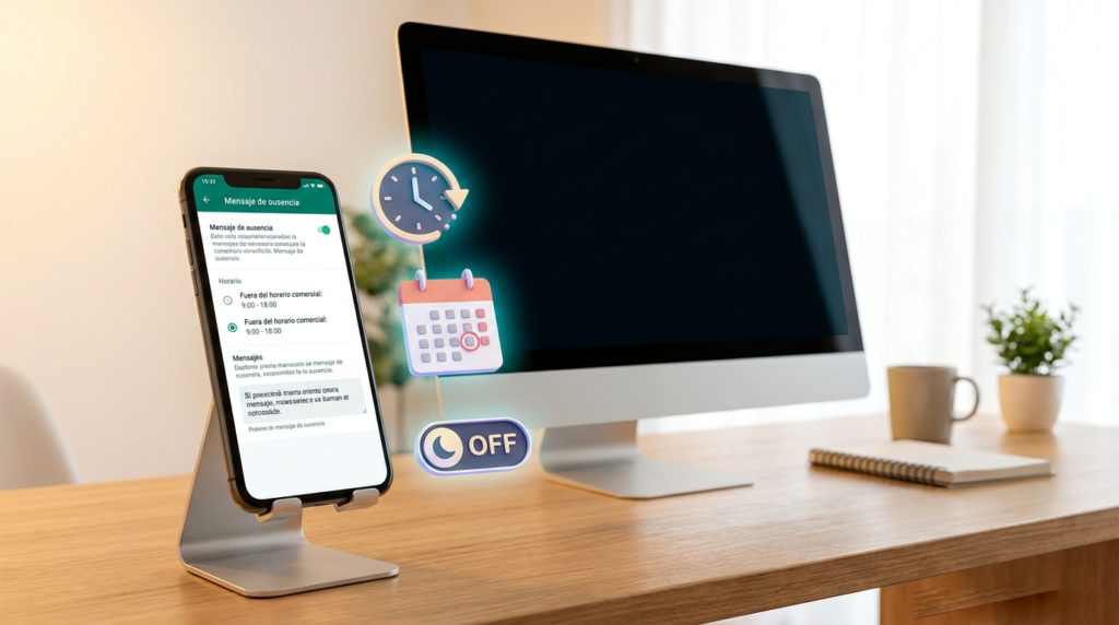 Panel de configuración de mensaje de ausencia y horario comercial en WhatsApp Business
